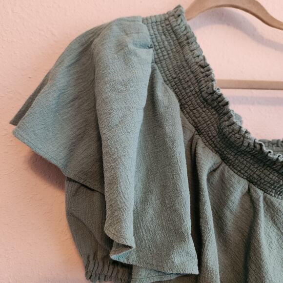 Free People Go For Drama Ruffled One Shoulder Green Top Size Small - Picture 2 of 8